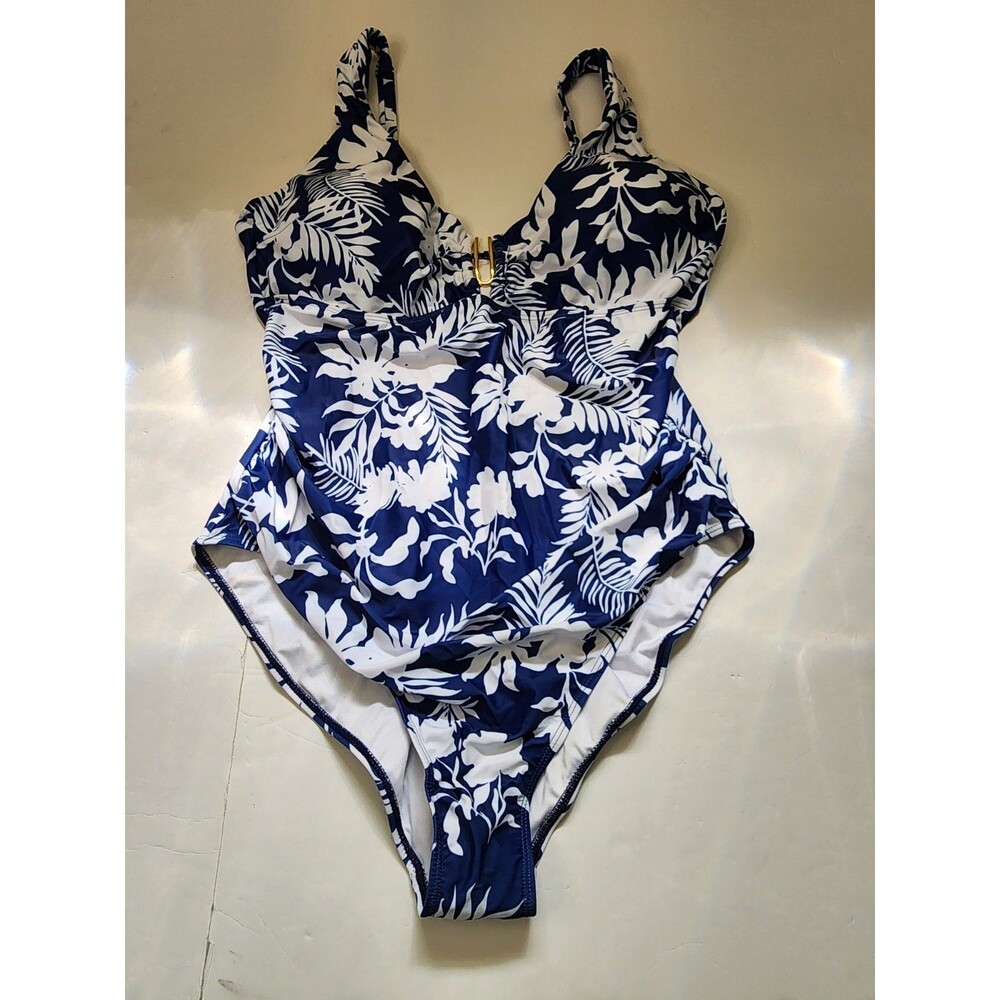 Swimsuit Womens 2XL Blue & White Batik Leaf Gold Accent At V-neck NWOT